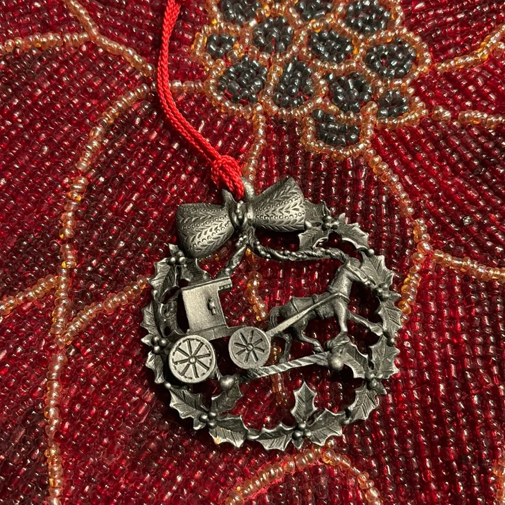 Vintage Pewter Amish Horse And Buggy Christmas Ornament